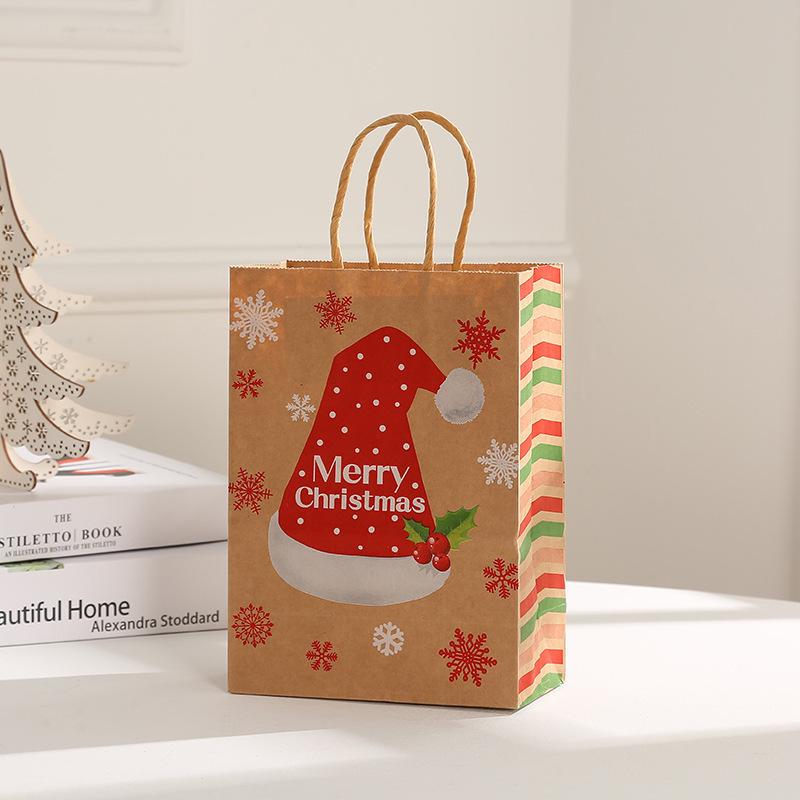 Christmas Kraft Paper Gift Bags with Snowflake and Reindeer Designs - Holiday Shopping and Clothing Packaging Tote Bags
