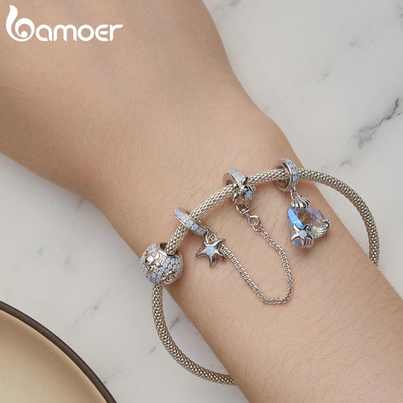 Bamoer 925 Sterling Silver Clear Blue Nano Opal Underwater World Charms for Women Bracelet and Bangle DIY FIne Jewelry Gift