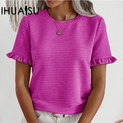 T-shirt a maniche corte con scollo rotondo e volant da donna, primavera/estate