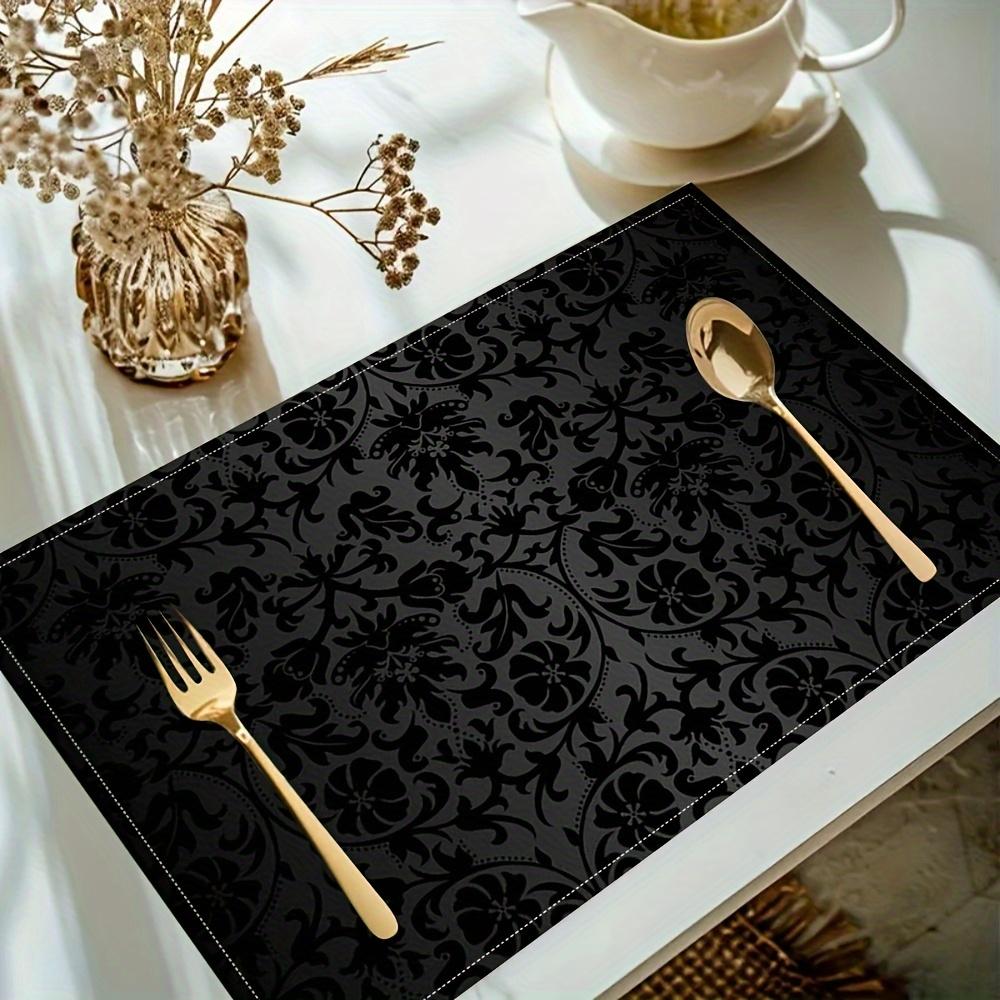 4pcs Elegant Black Damask Placemats – Imitation Linen, 12x18in, Washable, Perfect for Gatherings, Parties & Home Decor