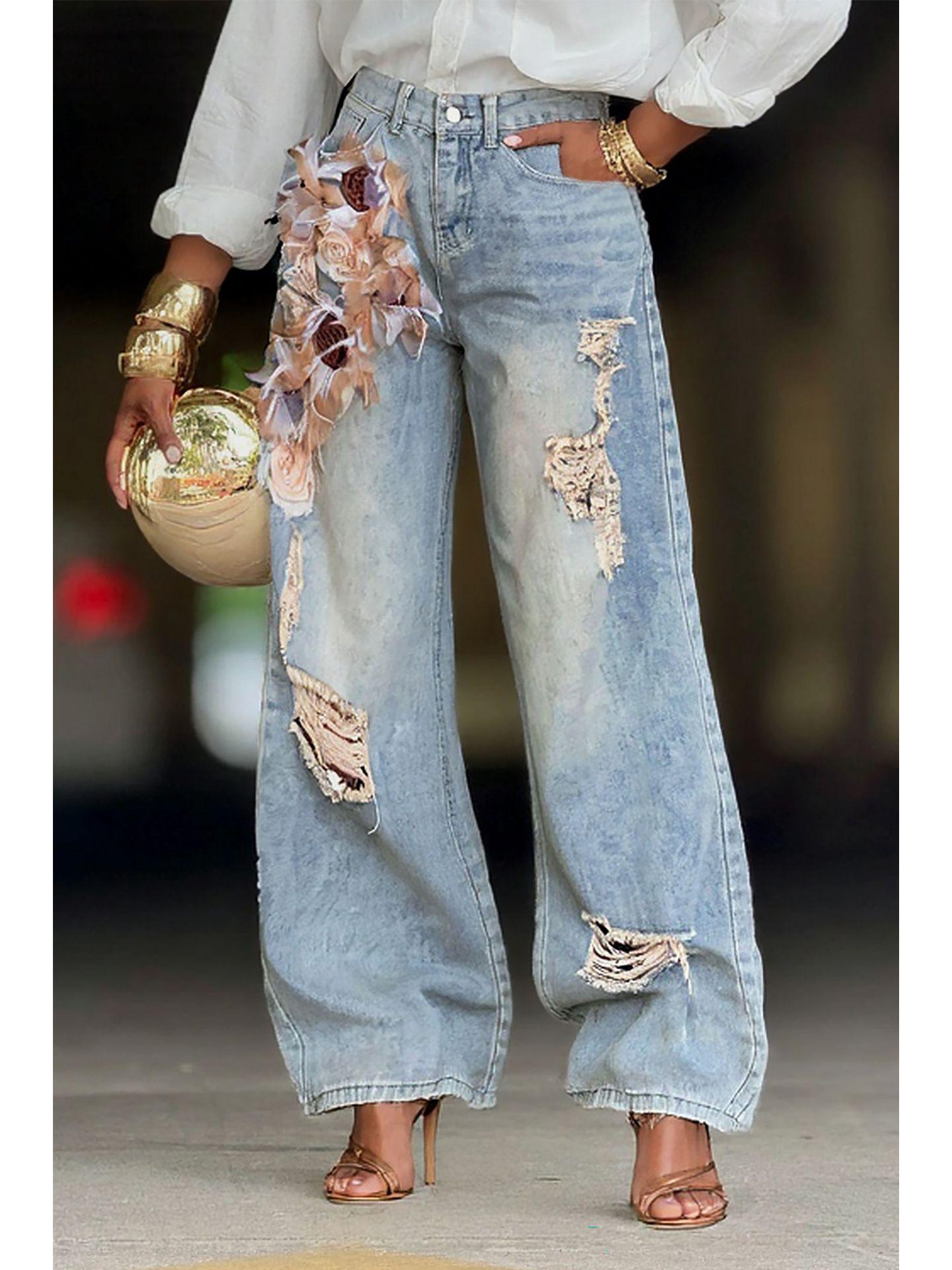 

3D Rose Ripped Washed Straight Leg Jeans - No Returns or Exchanges Small синий