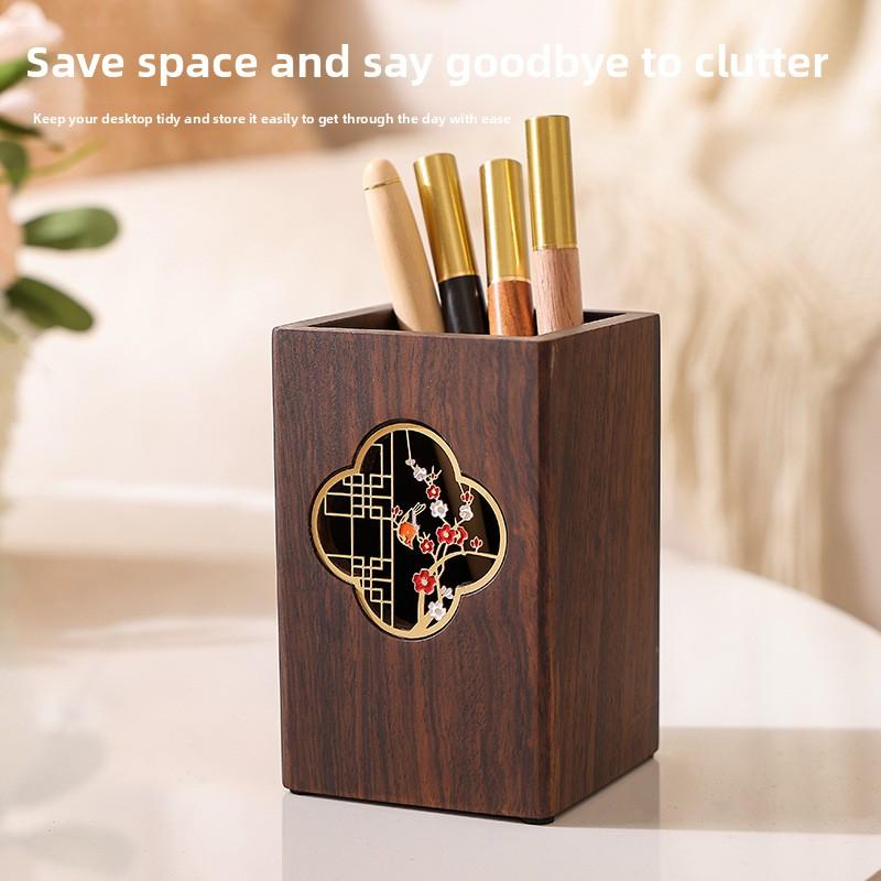 1pcs Multifunctional Ebony Wood Pen Holder Chinese Style Engraved Desktop Organizer Retro Wooden Desk Decor Business Gift Box