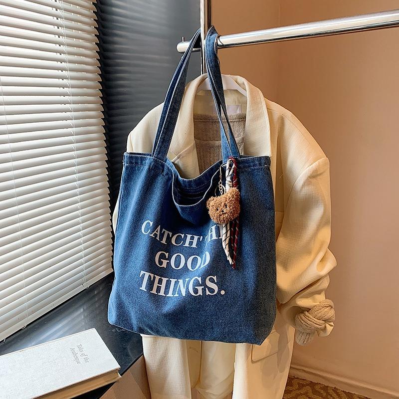 Casual relaxation letter bag women's new fashion college student class shoulder bag denim tote bag