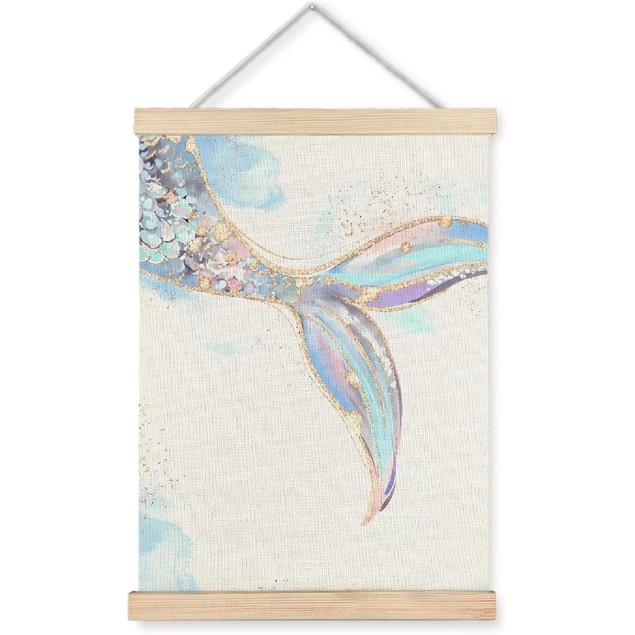 WUCHJ Beach Blue Mermaid Wall Art Poster, Beach Room Decor for Teen Girls, Coastal Glitter Blue Mermaid Tail Canvas Prints Artwork for Girls Bedroom синий