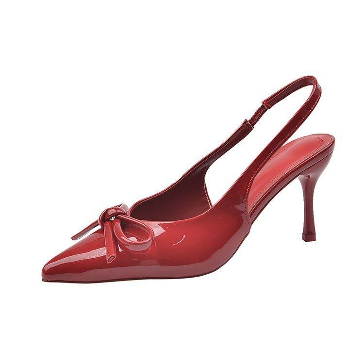 Burgundy One-word High-heeled Shoes, Bow New Models, Beautiful Outer Wear, Pointed Thin Heels, Bag Head Sandals Women