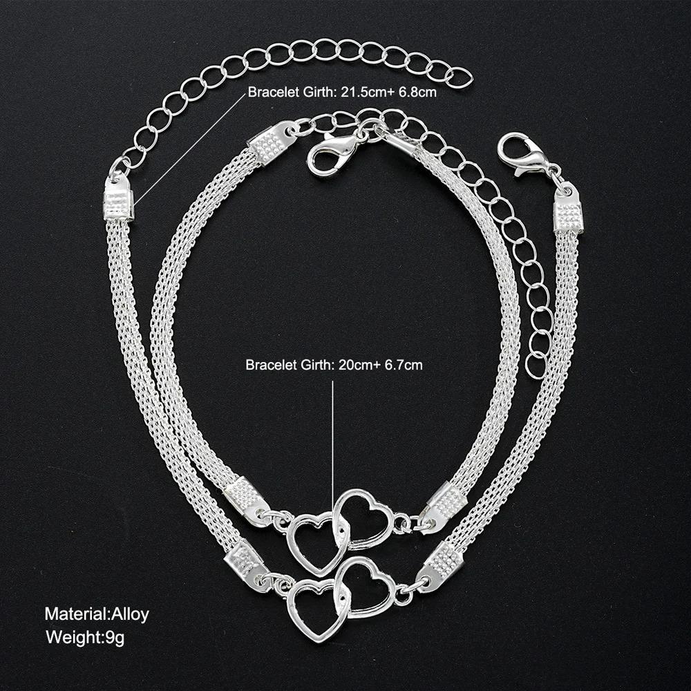2Pcs/Set Love Heart Couple Bracelets for Women Men Silver Color Double Layer Matching Chain Bracelet Lover Jewelry Wedding Gift