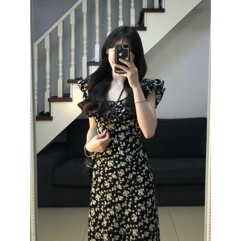 Coffee Break Black Floral Suspender Xiaofei Sleeve Dress Women's Xia Hepburn Temperament Long Dress