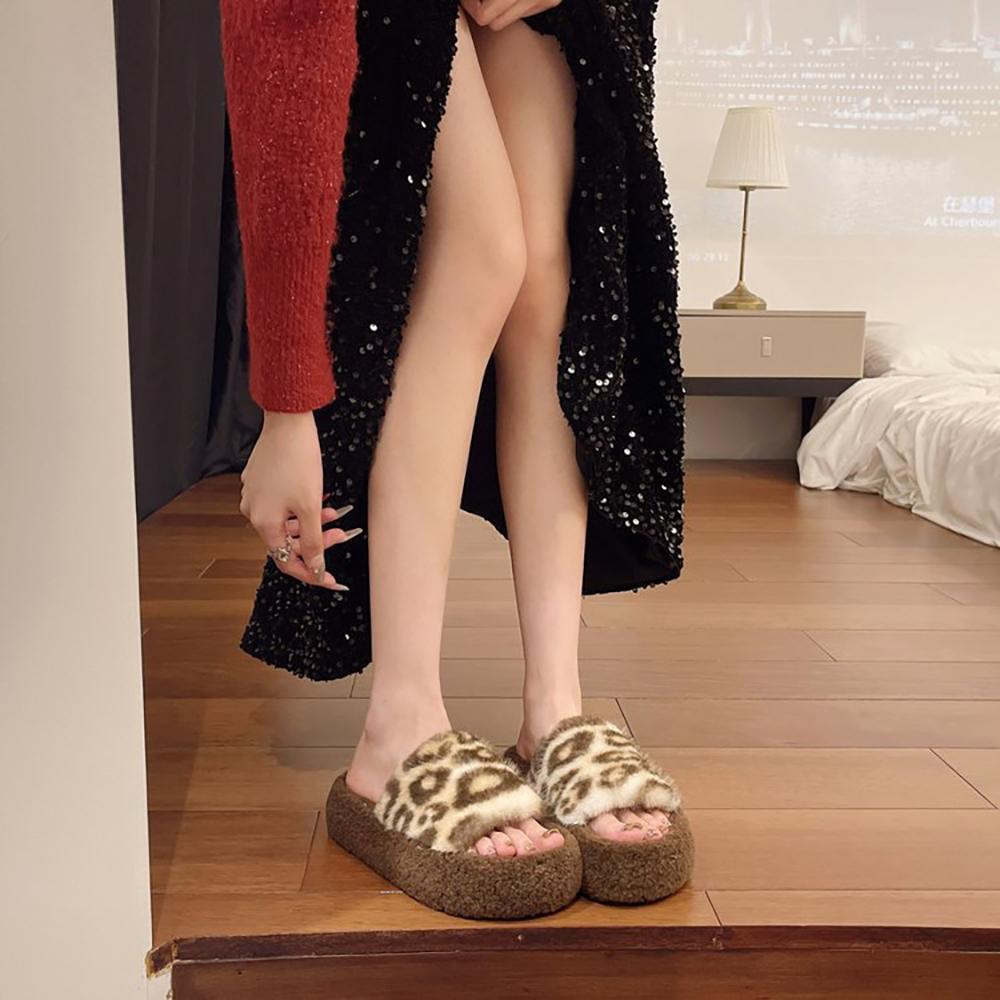 Leopard Print Platform New Autumn And Winter Fashion Home Furry Cotton Slippers