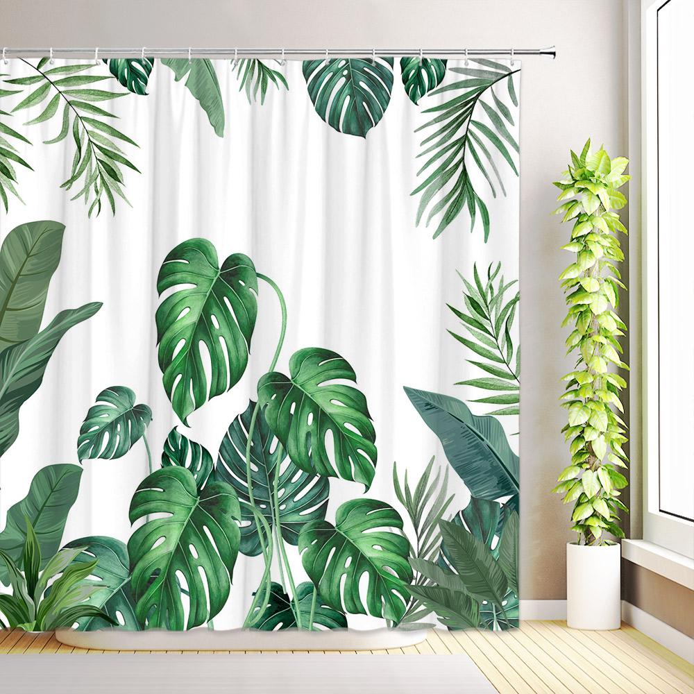 Tropical Leaves Shower Curtains Green Palm Banana Leaf Monstera Jungle Plants Hawaiian Modern Flowers Butterfly Bathroom Decor