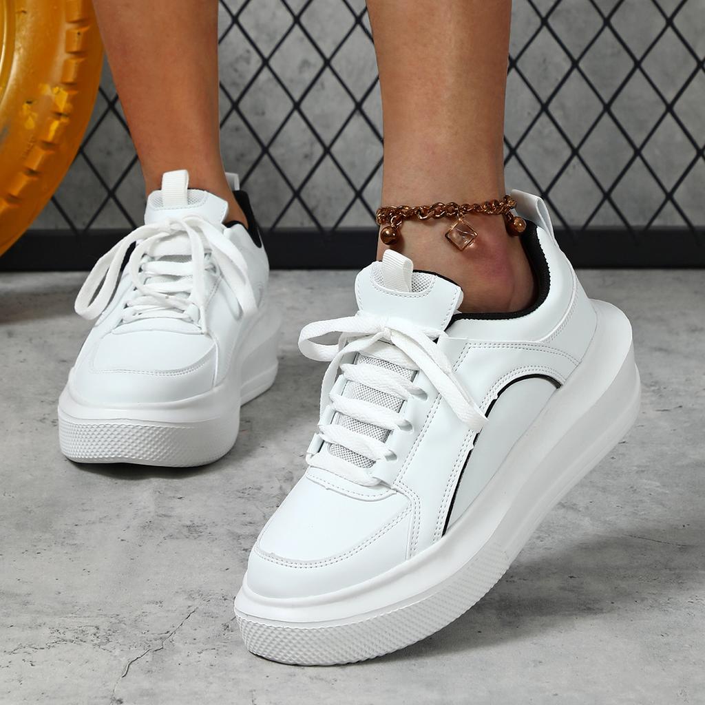 Unisex Women White Dad Shoes for Men Thick Sole Skateboard Chunky Sneakers Casual Vulcanized Shoes High Platform Lace Up White