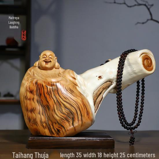 Intaglio Radice di Legno di Cipresso di Scogliera: Ornamento Daruma Maitreya Buddha in Legno Massello in Zafferano Dorato e Legno di Rosa Nanmu.