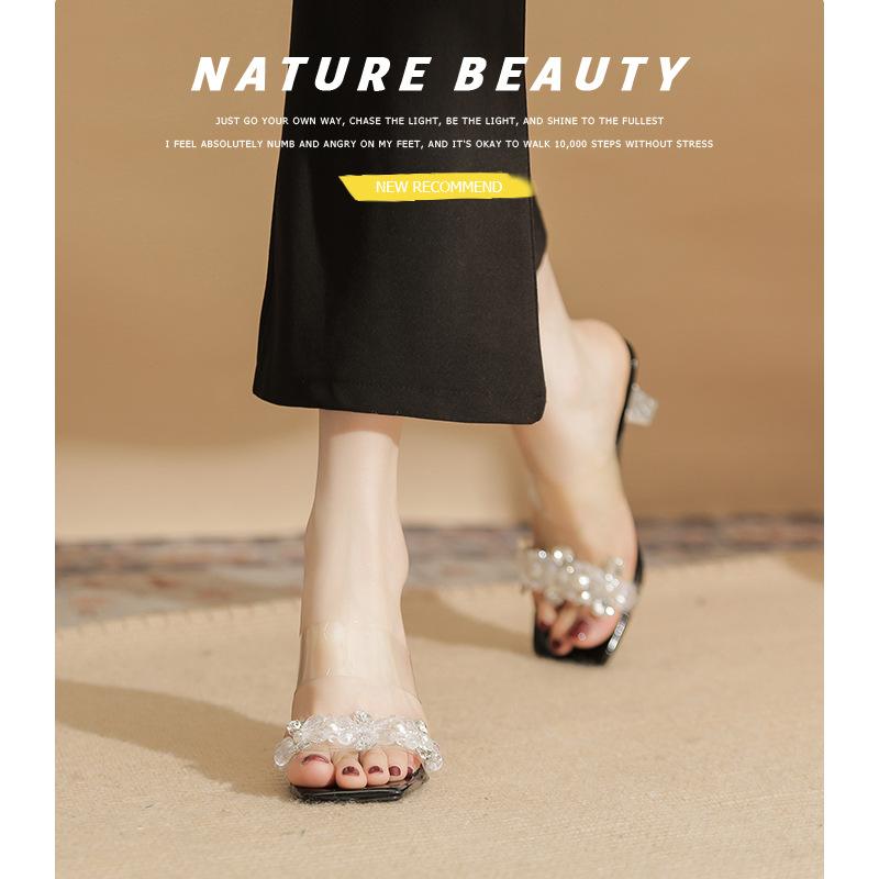7315 High-heeled Slippers Women's New Transparent Crystal Heel Cool Slippers Square-heeled Sandals In Summer 2025