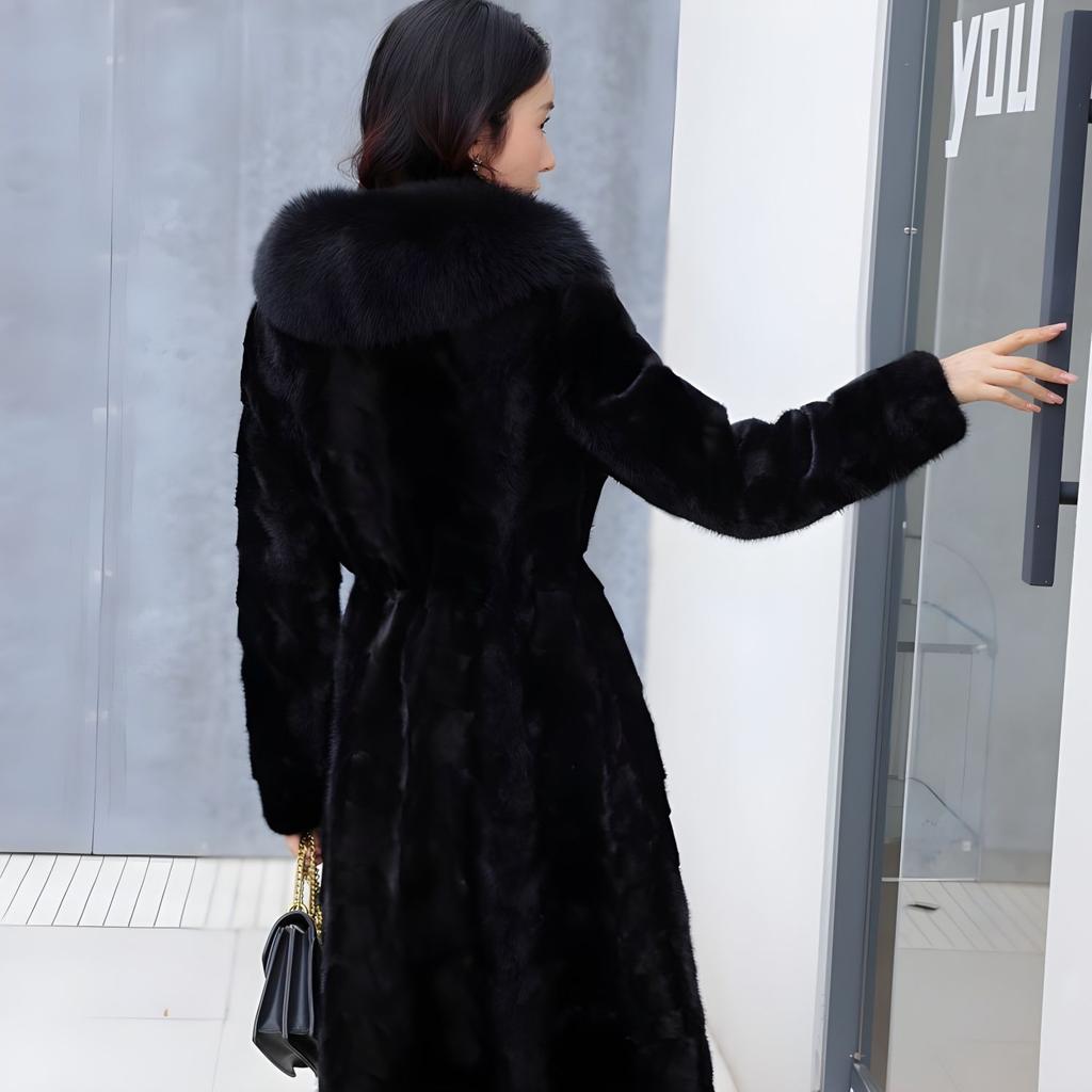 100% Genuine Mink Fur Coat for Women Fox Fur Collar Mink Fur Coat for Women Knee-length Mink Coat Send Mom and Wife Gift