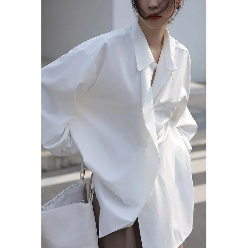 

Women White Oversized Long Sleeve Shirt Casual Button Down Loose Blouse S белый