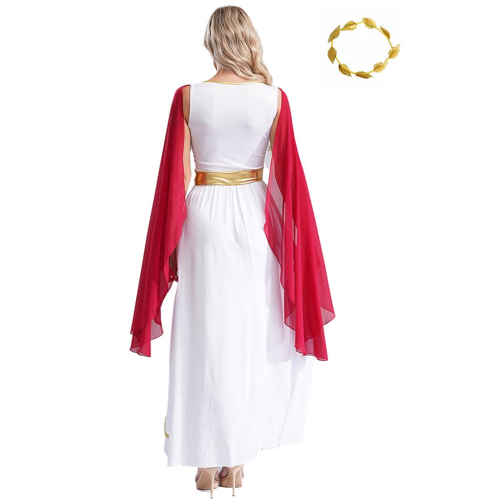 Womens Ancient Greek Roman Queen Costume V Neck Sleeveless Gold Trim Toga Dress Artificial Leaf Garland Headwear