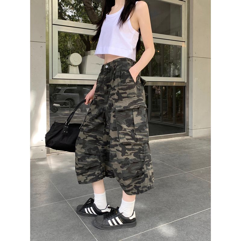 Kumikumi American Camouflage High Waist Cargo Jeans Women's Autumn Retro Washed Straight-leg Cropped Pants Loose Pants