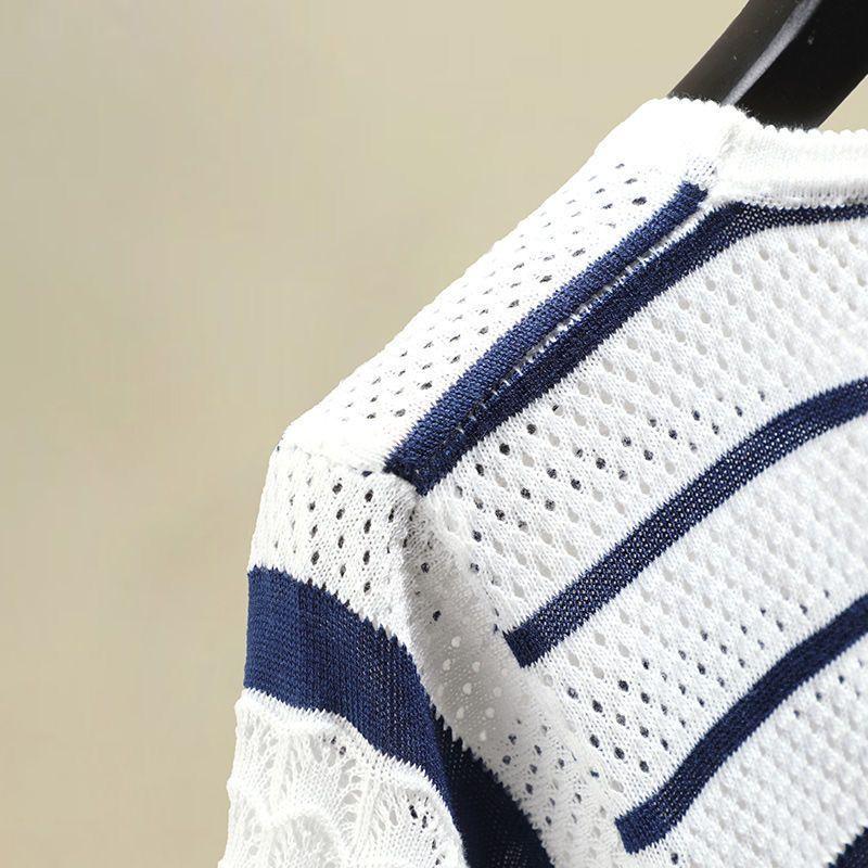 Summer Women's Round Neck Color Contrasting Thin Hollow Short Sleeve Knitted Shirt