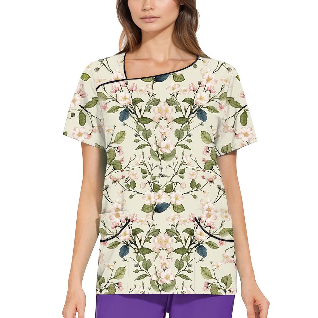 Women's Printed Work Clothes, Sloping Collar And Double Layer Pockets, Basic Top Pullover