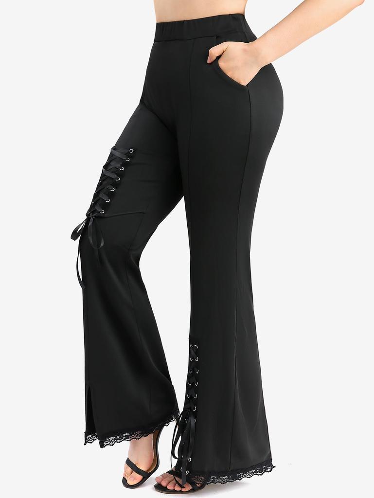 Rosegal Plus Size Lace Trim Lace-up Split Pockets Solid Flare Pants