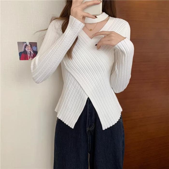 White Cross V-Neck Knit Sweater for Women - Slim Fit, Irregular Halter, Trendy Korean Style