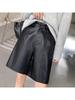 2025 Women's High Waist PU Washed Leather Bootcut Shorts - Mid-Length, Wide Leg, Loose Slimming Fit for Autumn/Winter