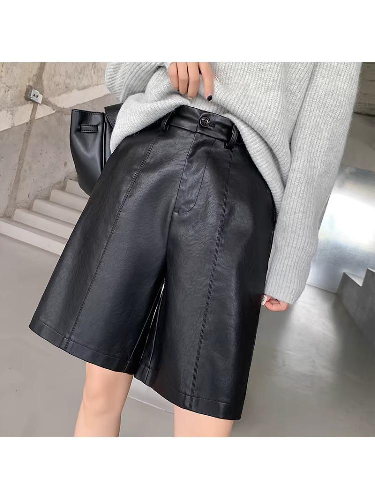 2025 Women's High Waist PU Washed Leather Bootcut Shorts - Mid-Length, Wide Leg, Loose Slimming Fit for Autumn/Winter