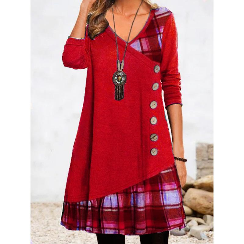 Women's Patchwork Long Sleeve Dress Casual Boho Style Loose Fit Maxi Dress with Floral Print