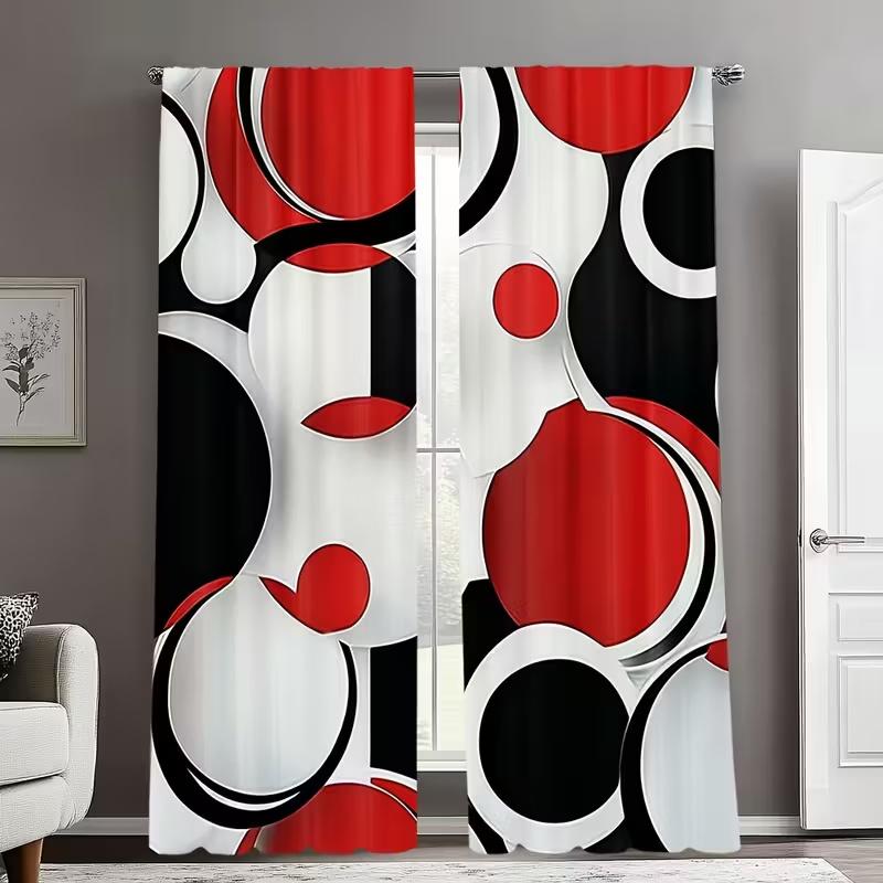 2 Pcs Black And Red Circles Print Curtains,Suitable For Bedroom,Living Room Kitchen Decoration,Home Decoration,Window Decoration