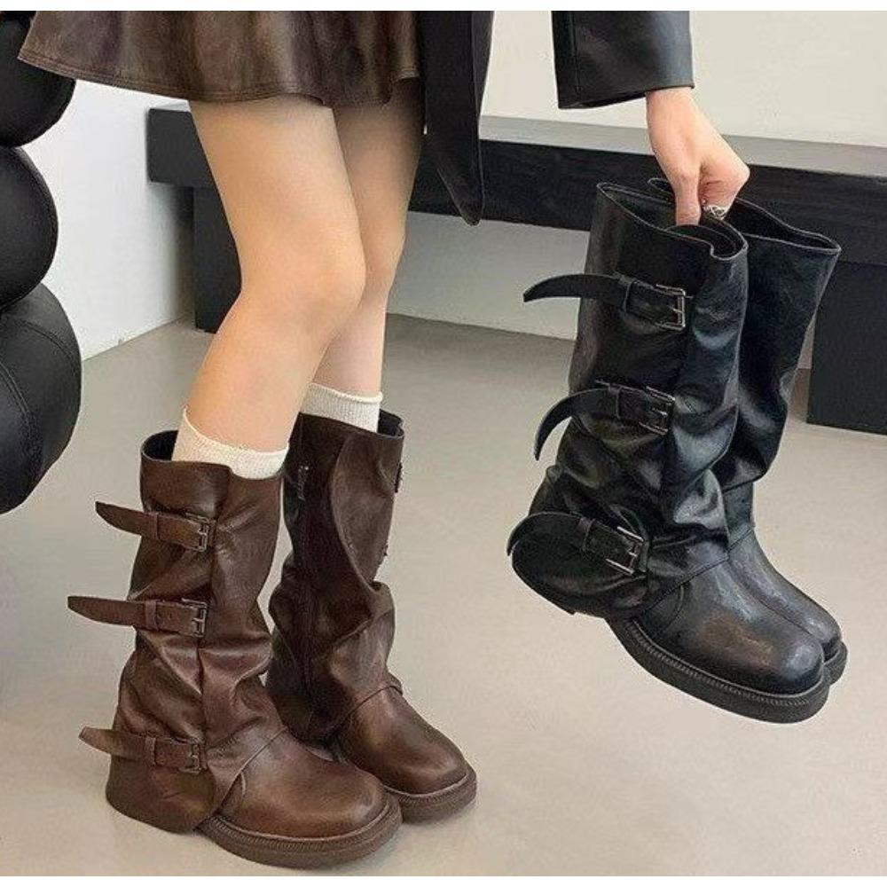 Designer Autumn Winter Vintage Woman Knight Knee High Boots Shoes Ladies Elegant Thick Low Heel Belt Buckle Western Cowboy Botas