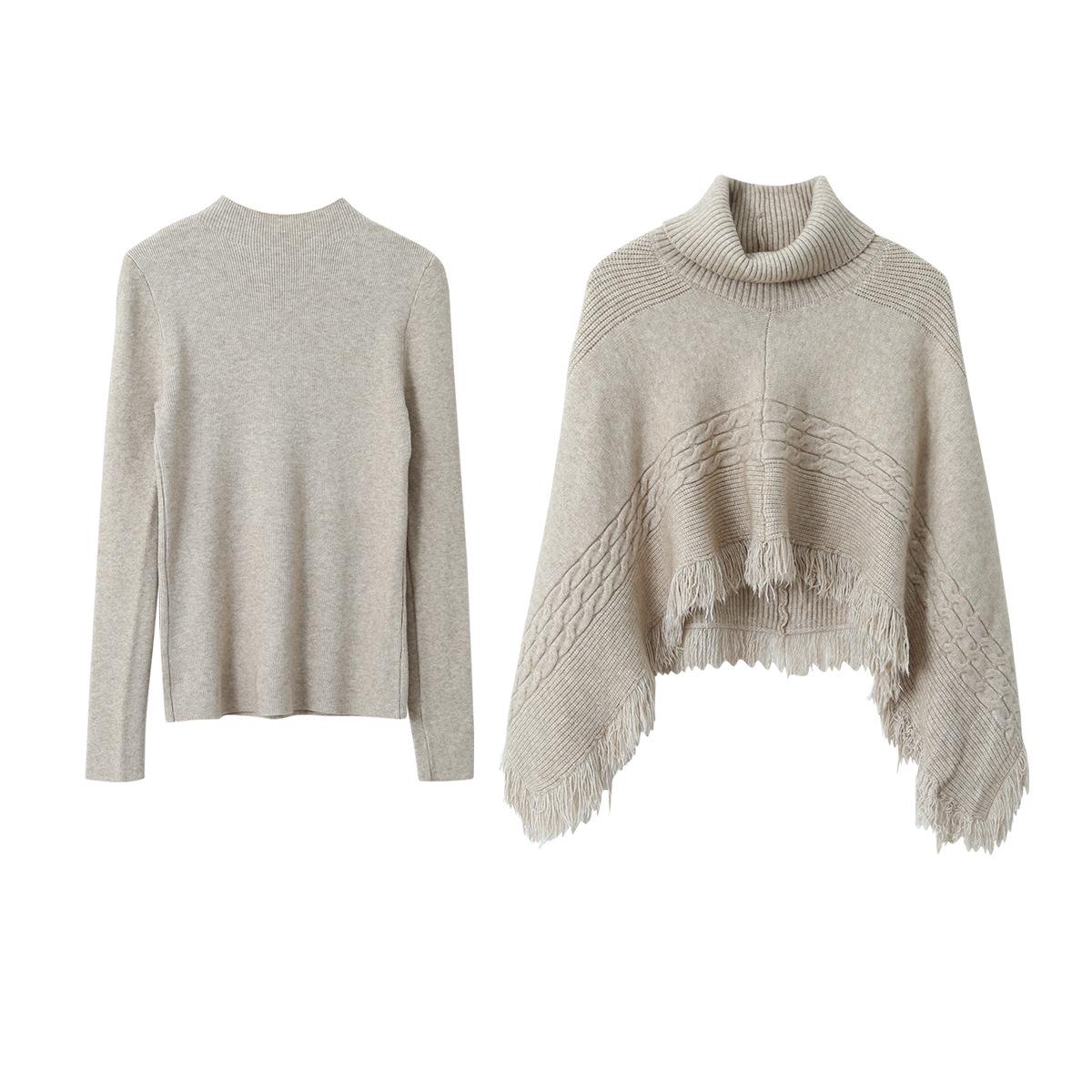

Oufan Gray Knitwear & Tassel Cape Sweater Set One Size