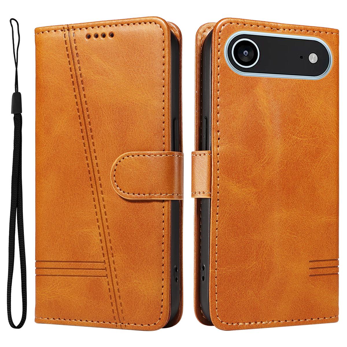 

For iPhone 17 Air Wallet Case T-Shape Lines Leather Phone Cover Stand Brown