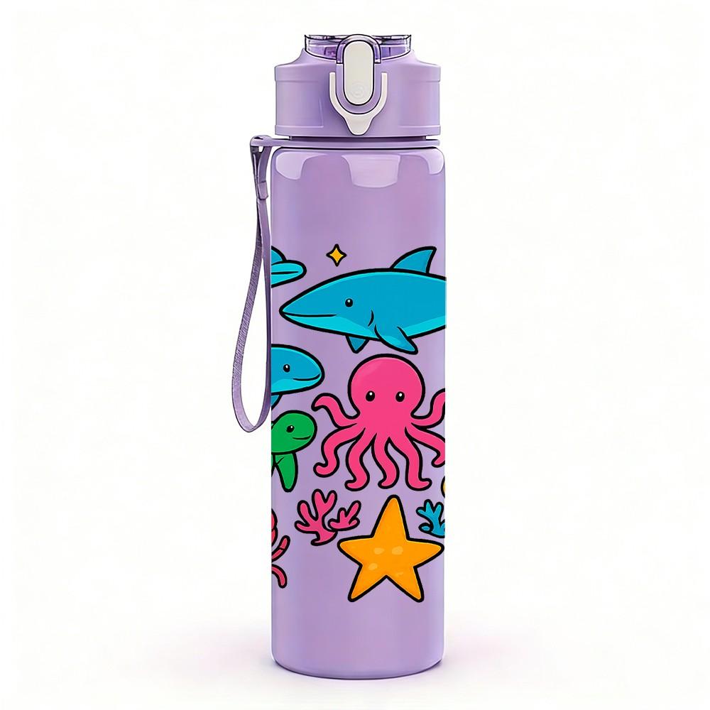 1PC Ocean Sea Creature Group 750ml Color Plastic Sports Water Bottle Leakproof Flip Straw Lid Suitable for Sports Office Home Use