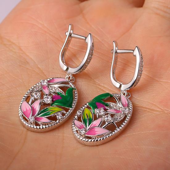 Lady Enamel Flower Rhinestone Oval Dangle Earrings Necklace Ring Jewelry Gift