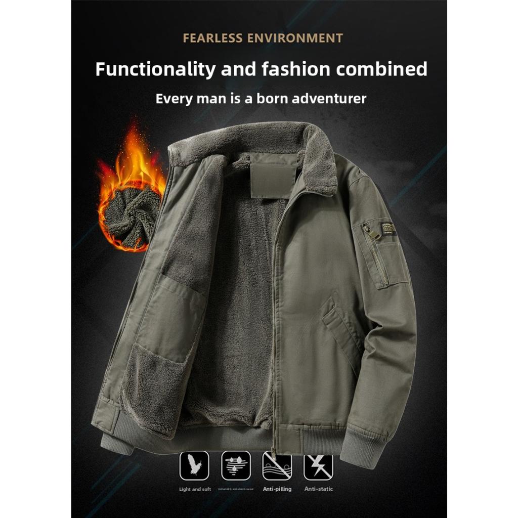 Winter Fleece-Lined Pilot Jacket, Men's Fleece-Lined Thickened Oversized Cotton Coat with Lapel Collar