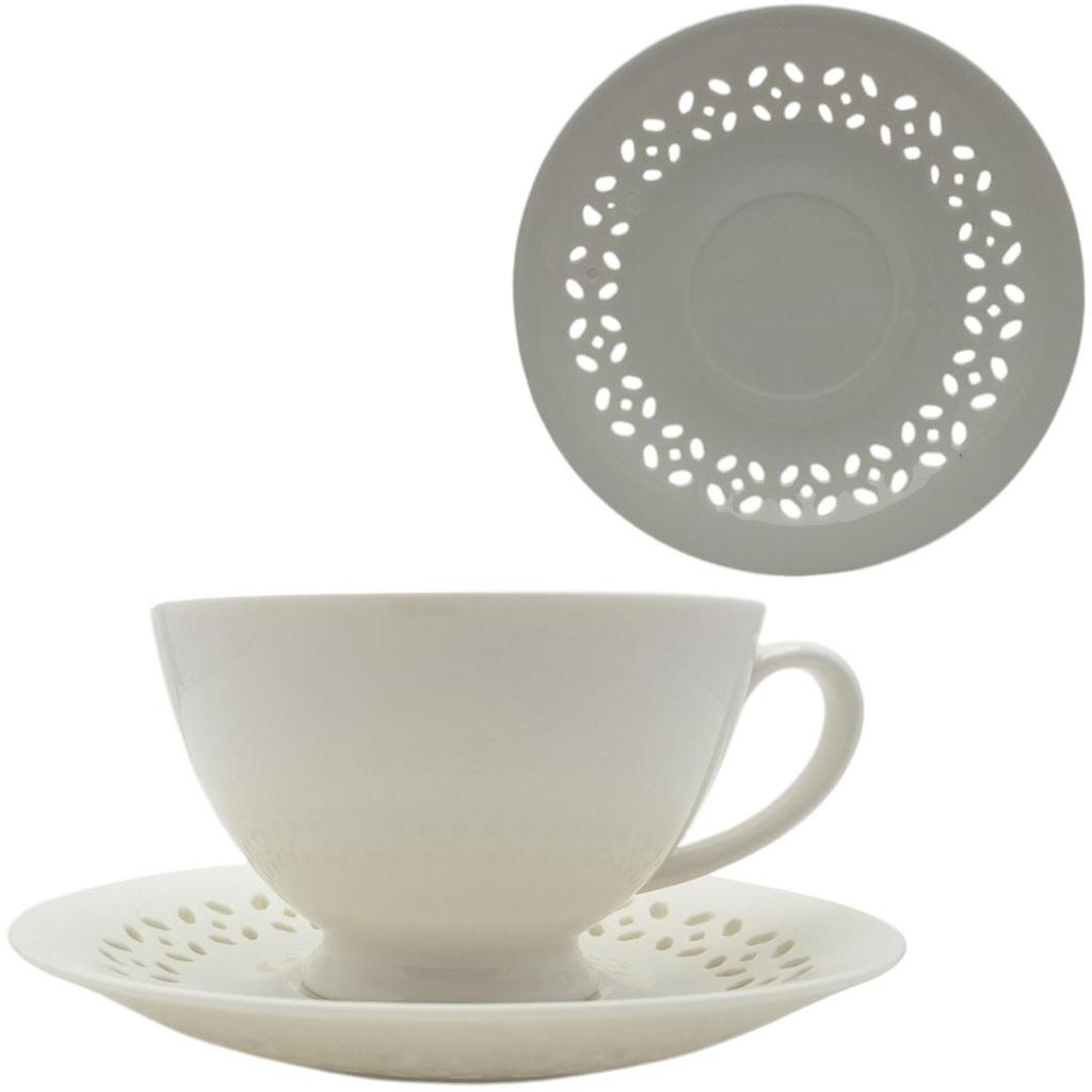 WHITE CERAMIC CUP 260ml WITH OPENWORK SAUCER FOR COFFEE AND TEA