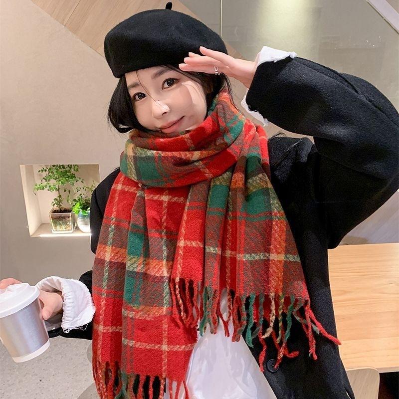 Mohair plaid scarf women's winter sea salt milk coffee blue thickened atmosphere warm student shawl scarf