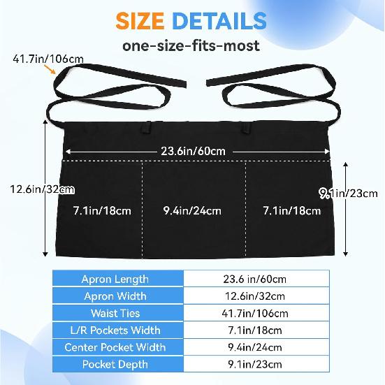Server Aprons with 3 Pockets Waitress Waiter Waist Black Apron for Women Men Chef Kitchen Serving Cooking Baking, 1Pack, 12.6 Inch