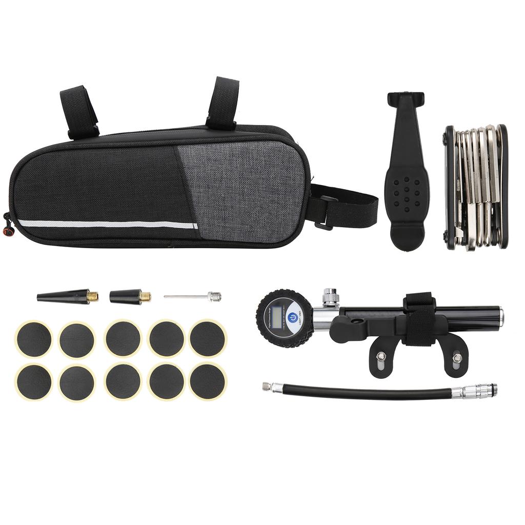 Zestaw narzędzi do naprawy opon rowerowych, przenośny, outdoor, cyfrowa pompka, igła do pompowania, łatki naprawcze, zestaw kluczy
