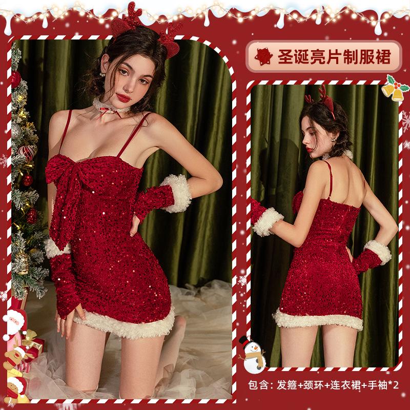 

Рождественская одежда Новогоднее платье Платье с бантом и пайетками на бедрах Сценический костюм для женщин M