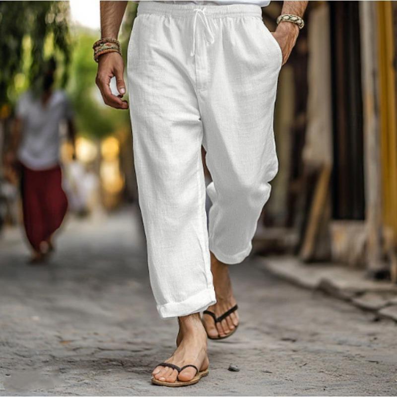 

Mens Casual Solid Color Drawstring Waist Linen Straight Long Pants With Pockets S белый