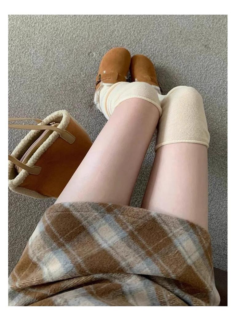 High Waist Retro Woolen Plaid A-line Skirt for Women (Spring/Autumn/Winter)