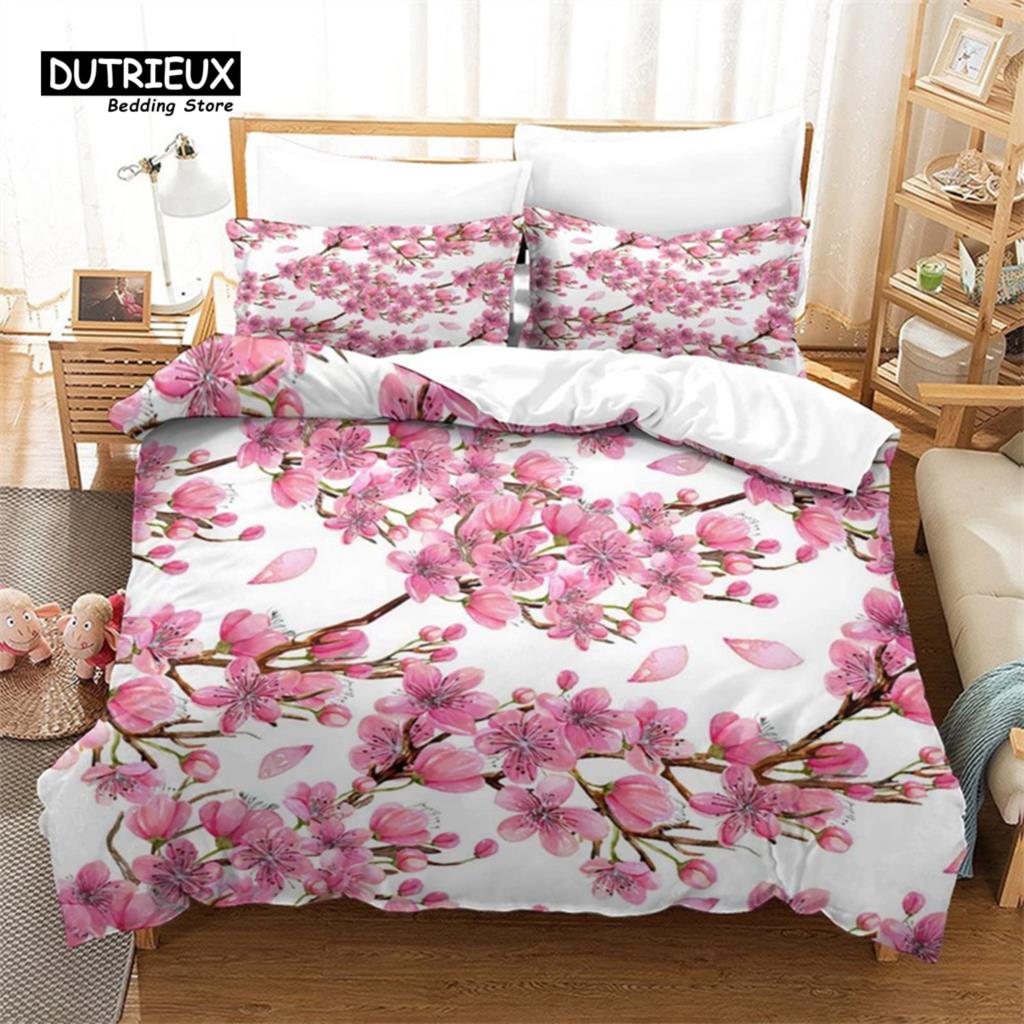 Cherry Blossoms Duvet Cover Set Japanese Floral Bedding Set Microfiber Romantic Theme Quilt Cover Twin King For Valentine's Day