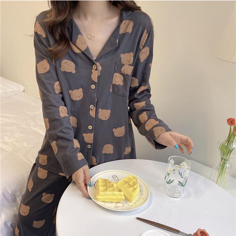 Spring And Autumn Pajamas Women'S Cardigan Long-Sleeved Trousers Korean Girls' Simple Cartoon Loungewear Suit Can Be Worn Outside