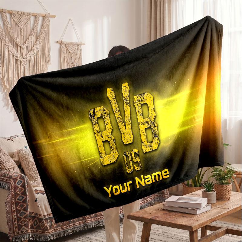 Couverture en polaire personnalisée Borussia Dortmund avec logo de football, texte de nom personnalisé, couverture d'appoint douce et chaude pour la maison