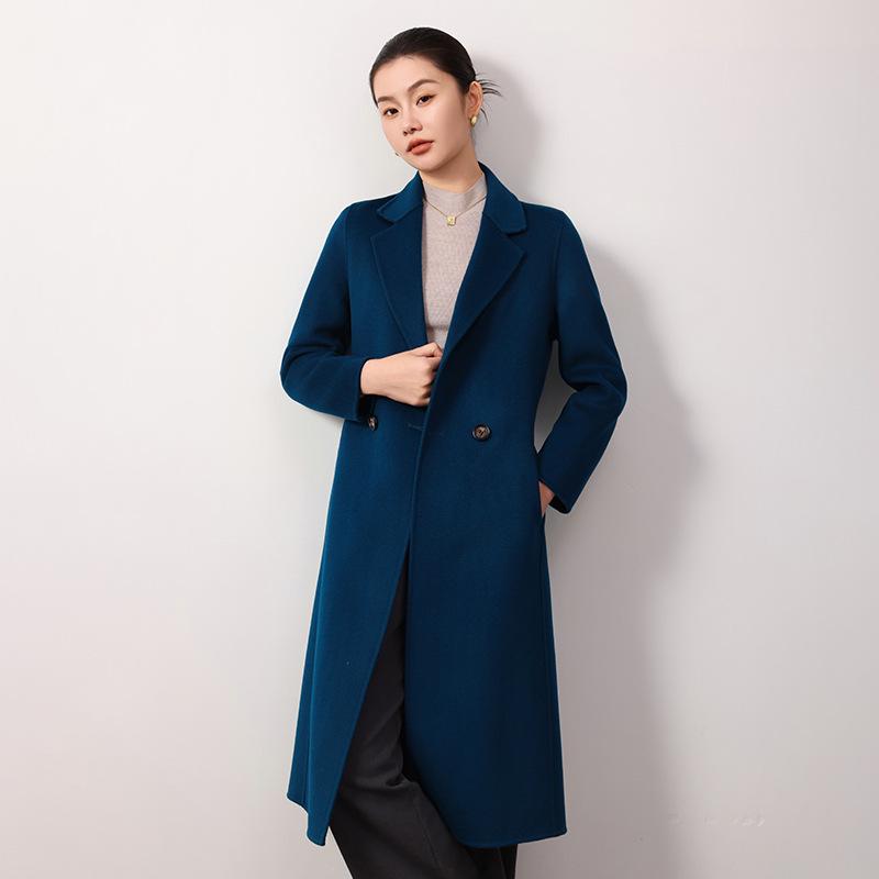 

Женское двустороннее шерстяное пальто приталенного силуэта экстра-длины до колена для осени/зимы XXL (55-62.5 kg) павлин голубой