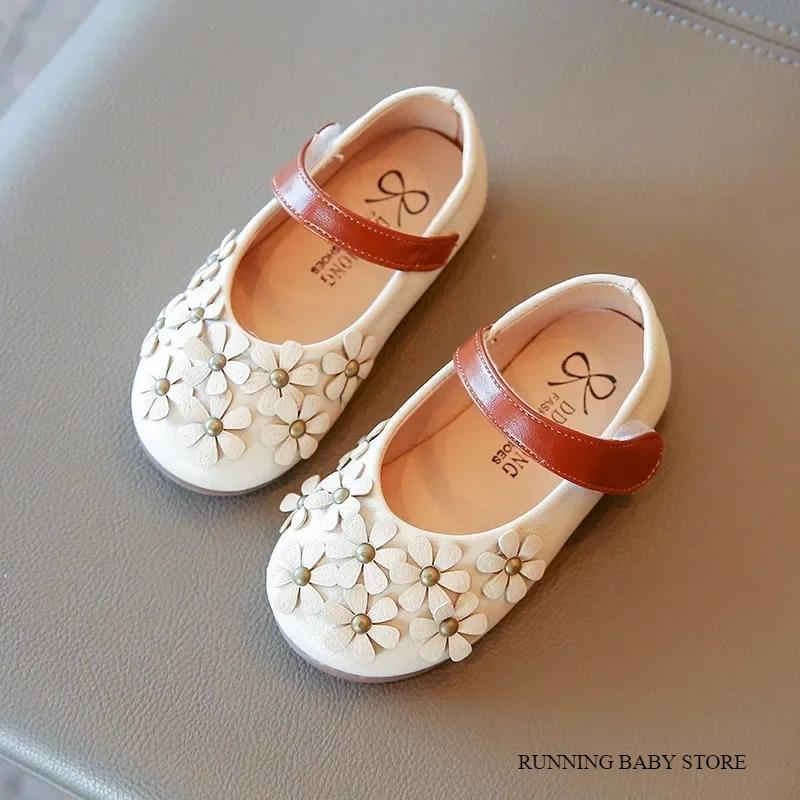 Spring New Little Girls Leather Shoes Baby Girl Flower Mary Janes Shoes Soft Sole Kids Girl Fashion Princess Shoes I07053