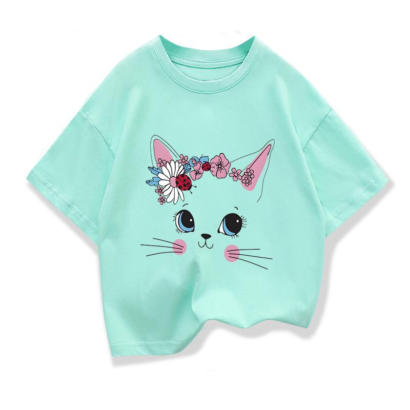 Smile Cartoon Cat Graphic Kids Clothing Tees T Shirt 2025 Girls Loose Short Sleeve T-shirt Kids Birthday Tee Children Clothes