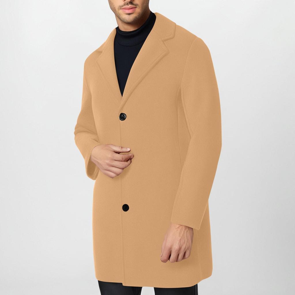 Trench Coat Men Wool Blend Coat Notched Collar Single Breasted Overcoat Business Casual Winter Jacket With Pockets