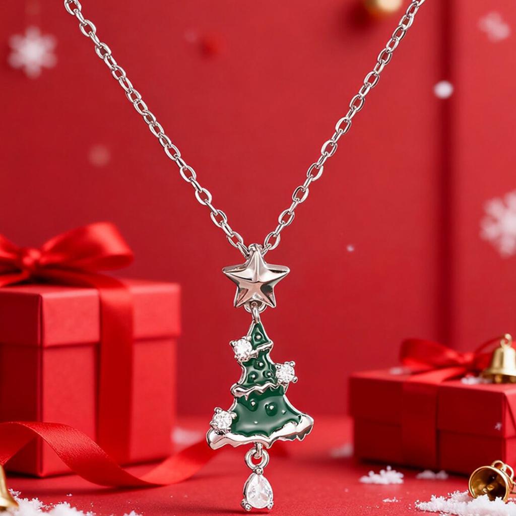 Star Top Green Enamel Christmas Tree with Accent Stones Drop Gem Pendant Women Clavicle Necklace