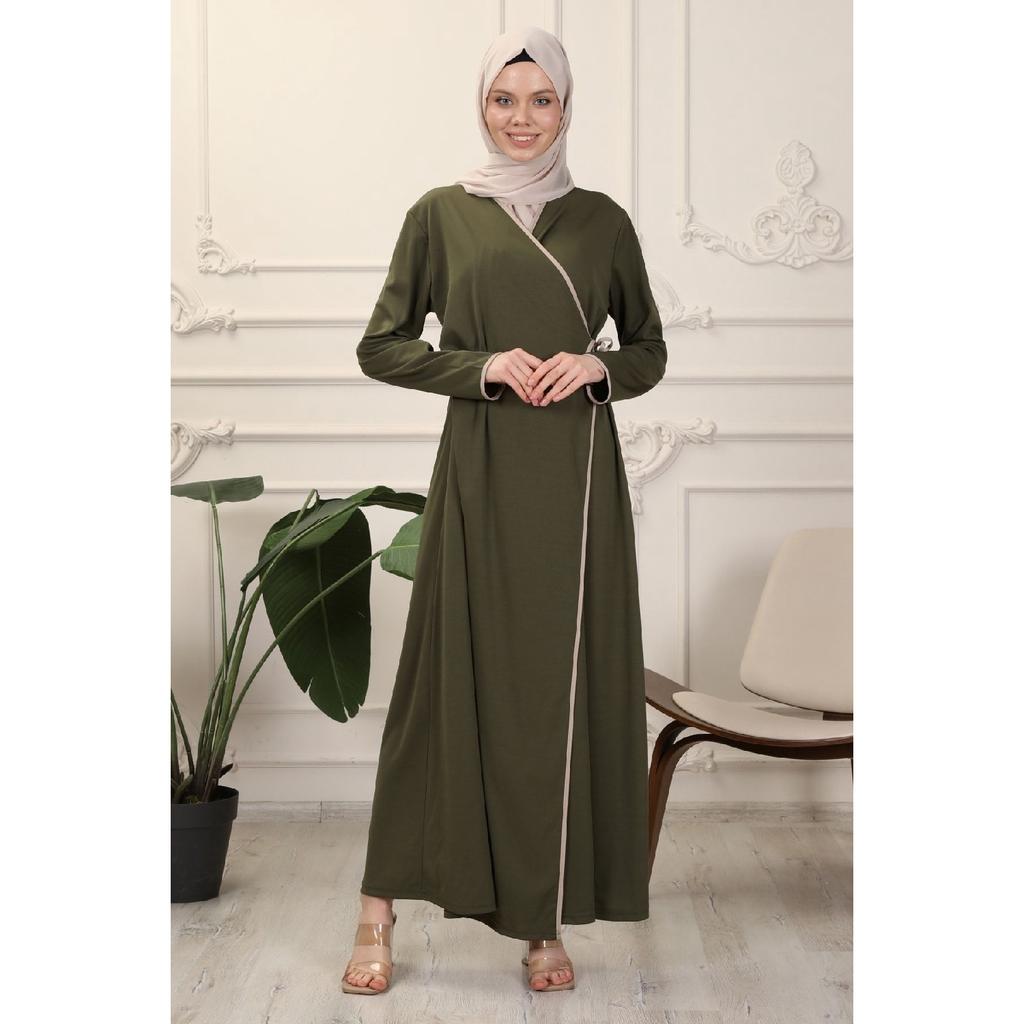 Black Double Breasted Neck Piping Flexible Interlock Fabric Prayer Dress